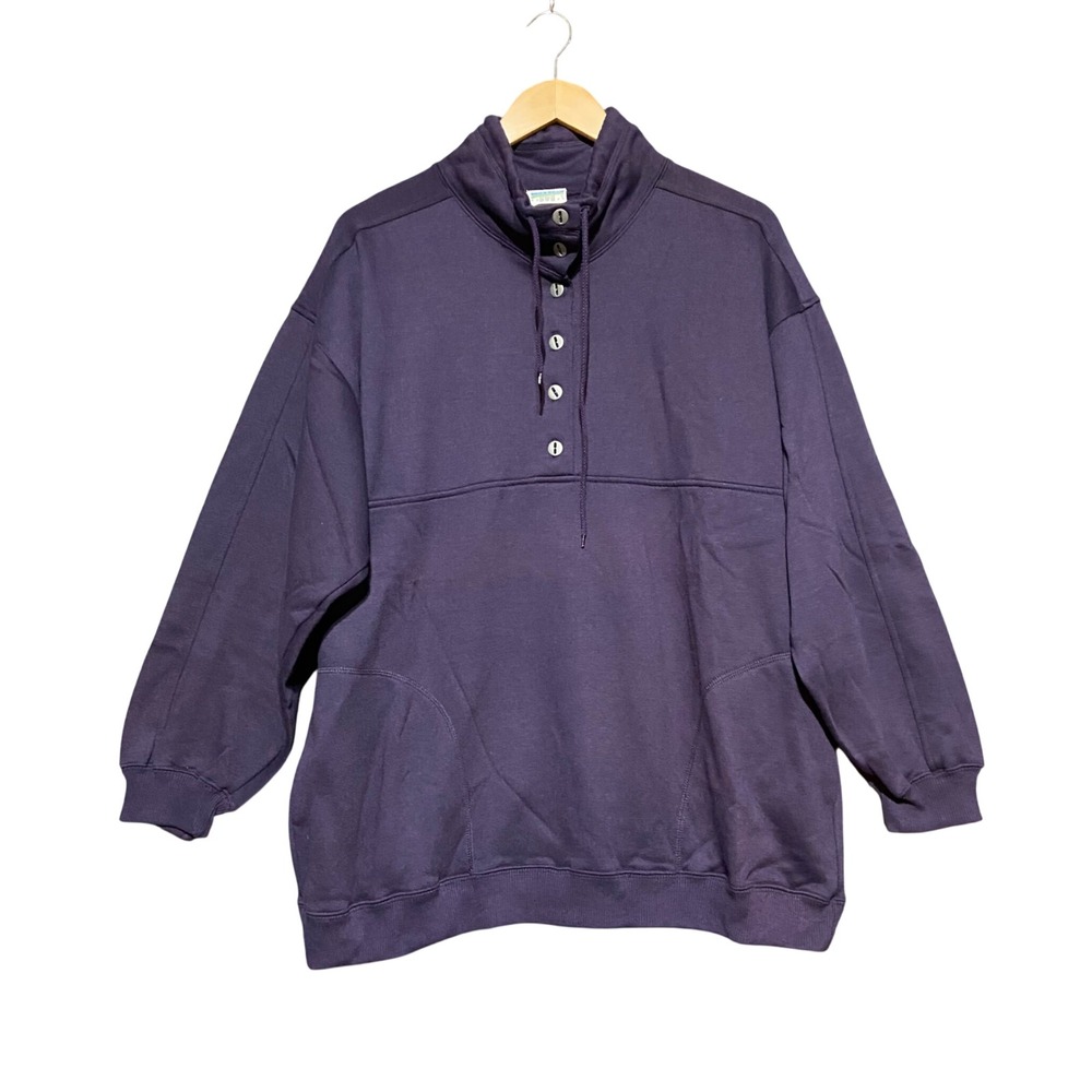 Vintage Cheetah Mervyns Purple Button Neck Pullover Sweatshirt Large Pockets